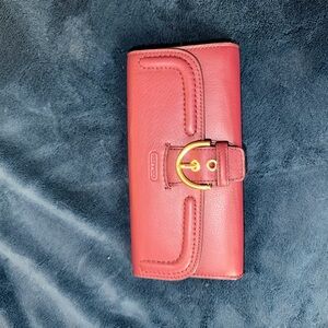 Coach Cherry Red Leather Wallet with Gold Buckle
